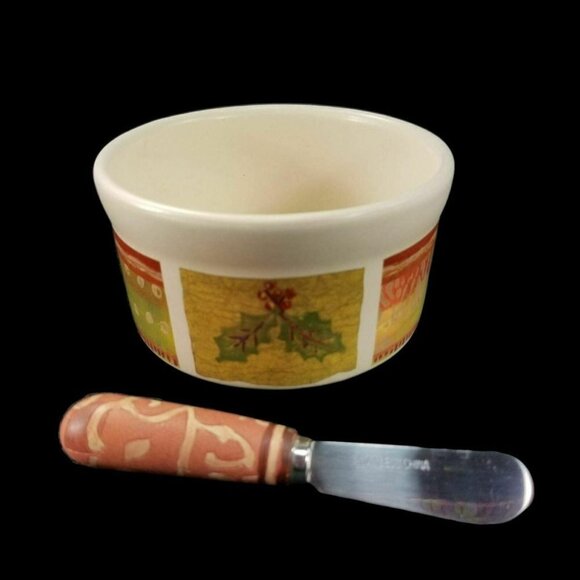 Pfaltzgraff Christmas Holiday Spice Dip Mix Sauce Set‎ Bowl Knife Spreader Party - Picture 1 of 9